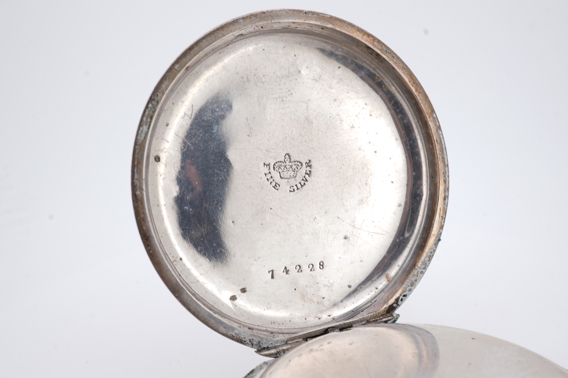 An early 20th century continental 800 standard white metal open faced chronograph pocket watch, with Roman numerals and two subsidiary dials, case diameter 50mm, together with a similar smaller white metal open faced poc